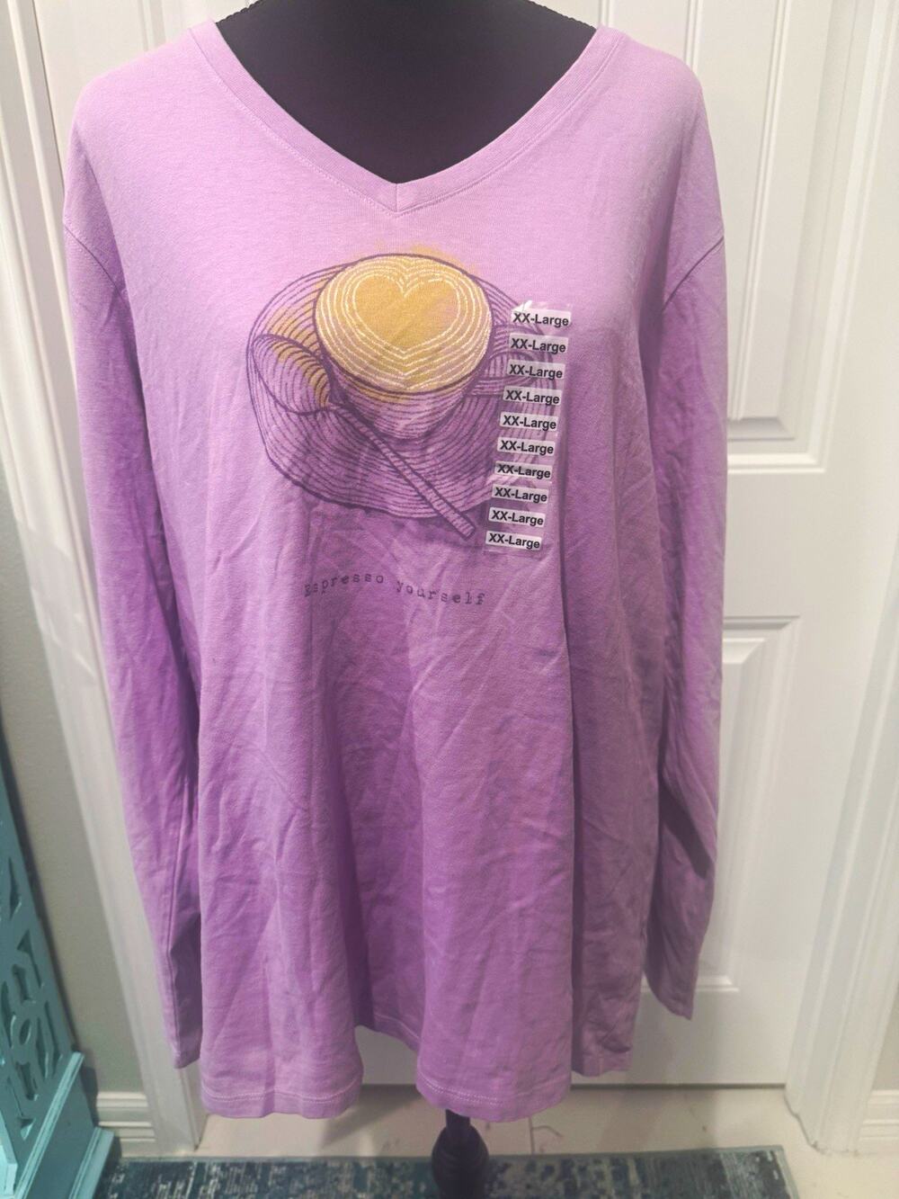 New Life is Good Women’s Purple V-Neck Long Sleeve Heart Graphic Tee Sz XXL